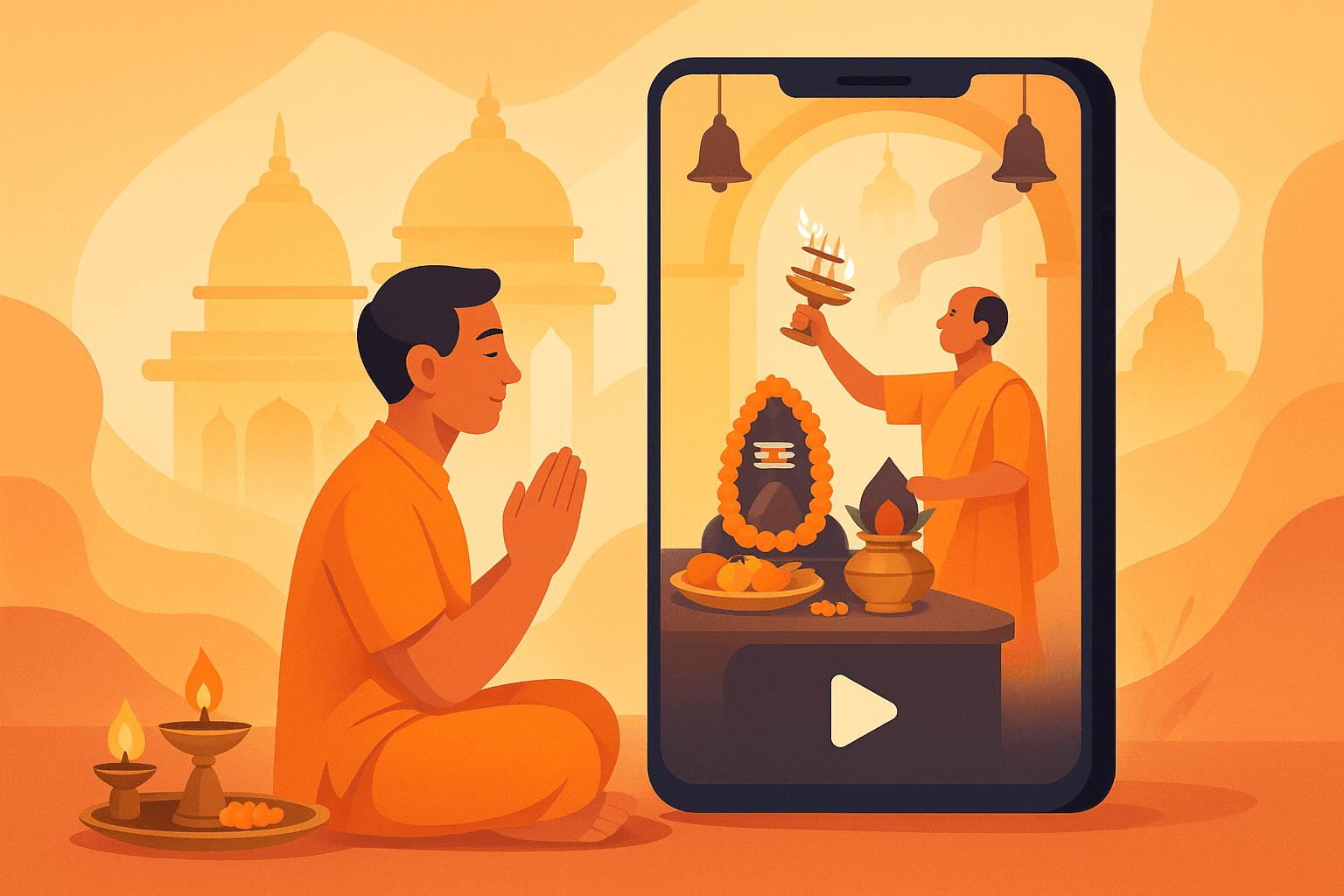 Puja kit with brass diya, incense, roli and prasad laid on saffron cloth