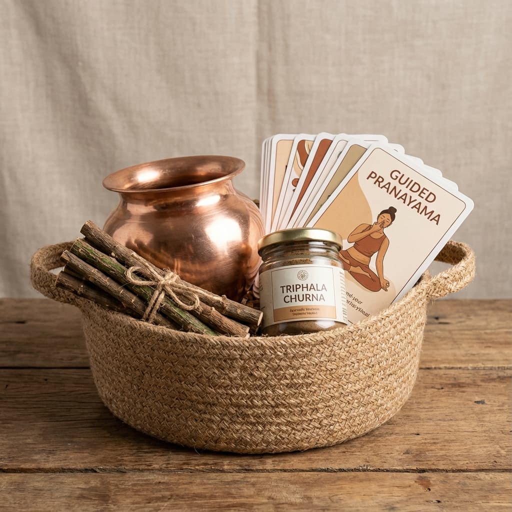 Illustration of ayurvedic hamper with copper lota, herbs and instruction cards