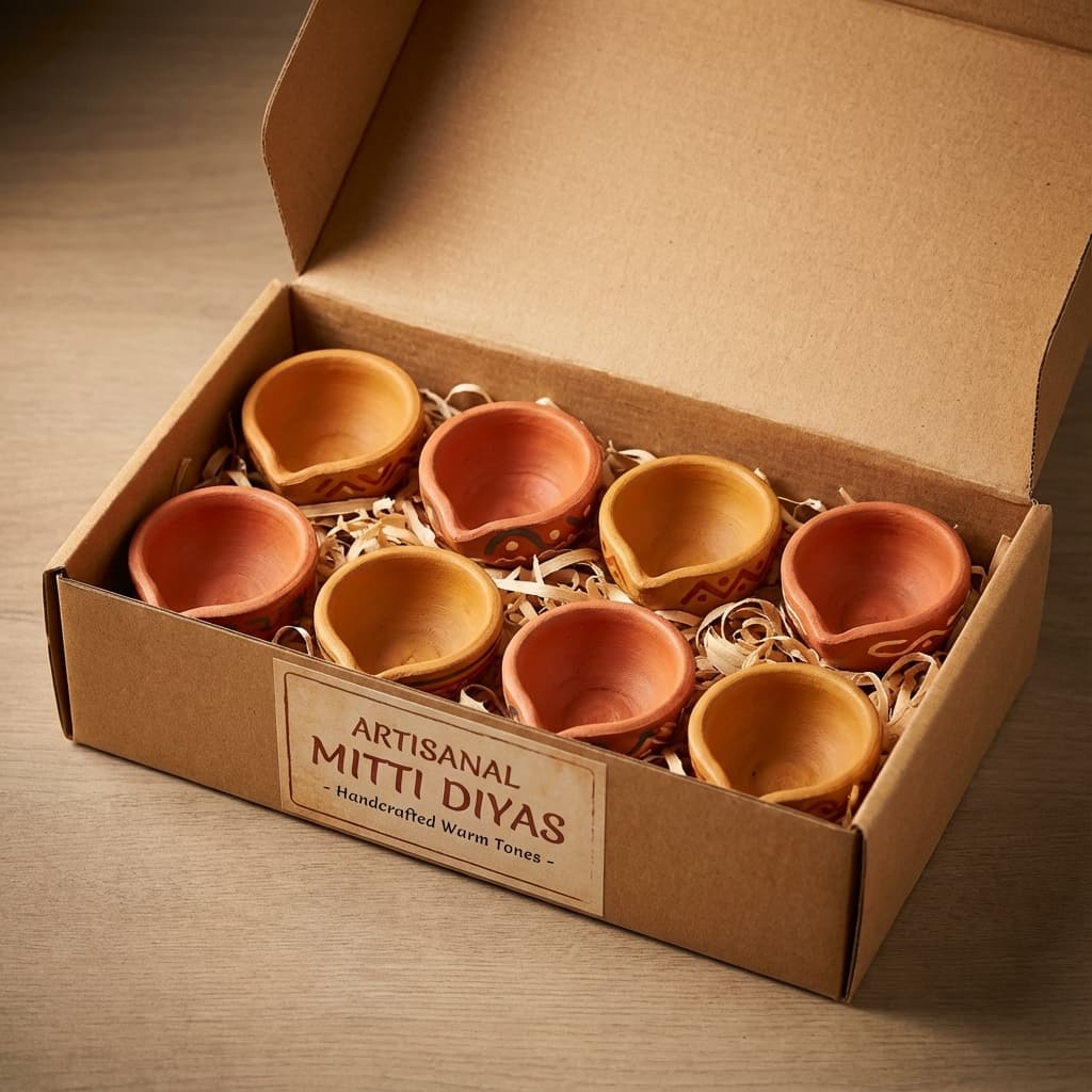 Illustration of terracotta diyas in warm orange tones