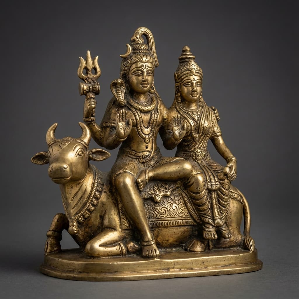 Stylized illustration of Shiva and Parvati seated together in blue and saffron hues