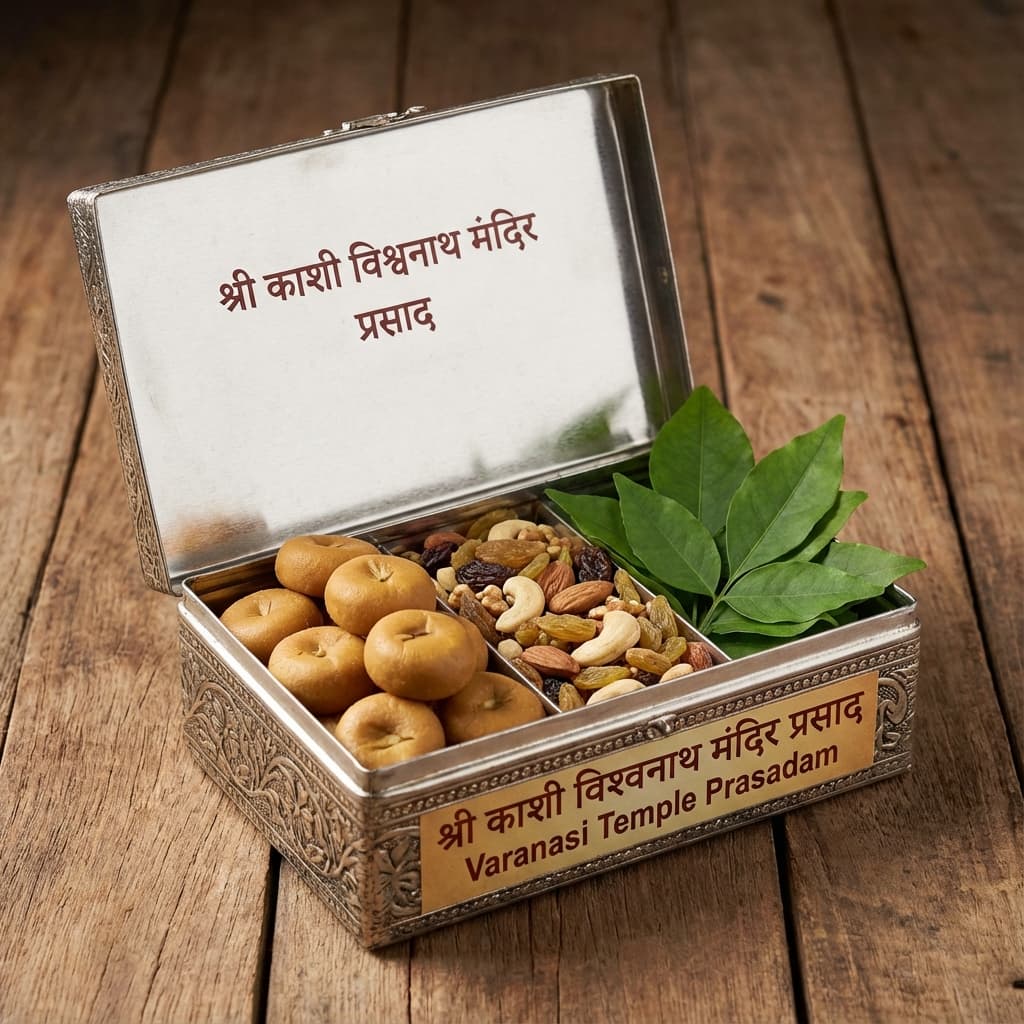 Illustration of temple prasadam box with sweets and belpatra leaves