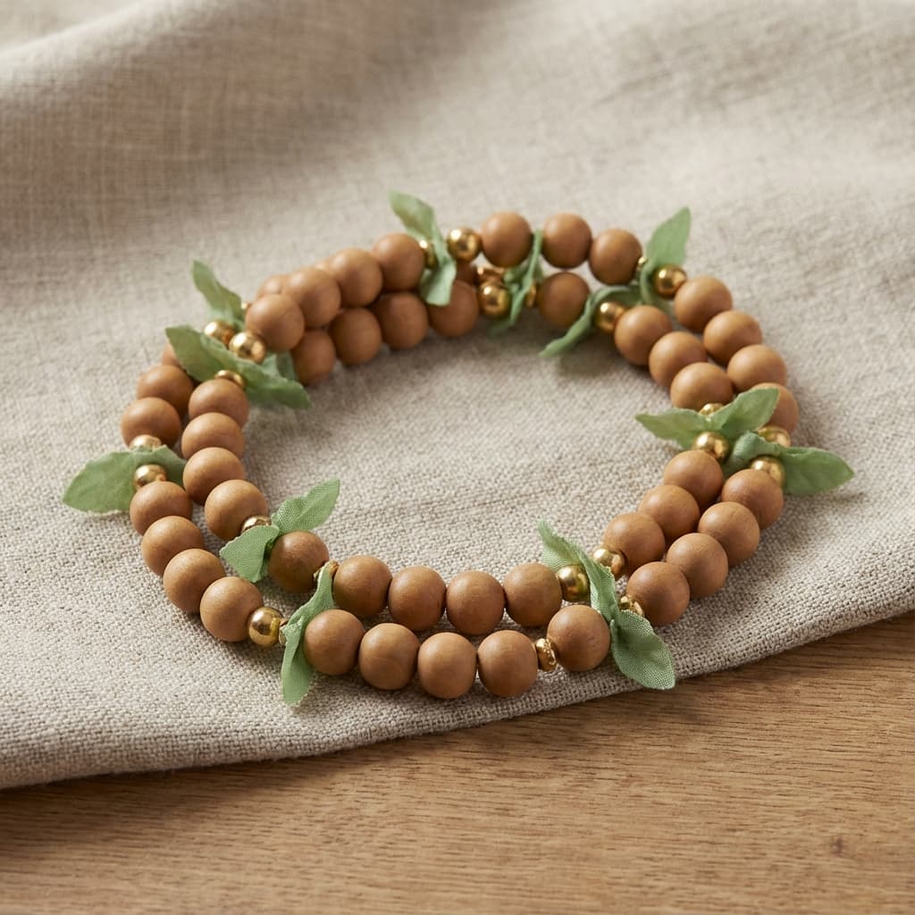 Circular tulsi mala illustration with soft green leaves and golden beads